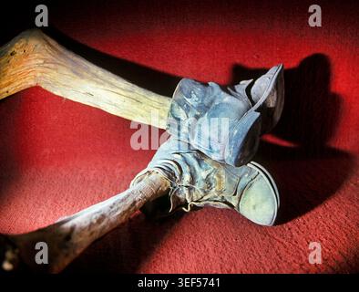 The booted skeleton feet of a dessicated mummy of a man on display in the infamous Mummy Museum in the city of Guanajato, Mexico. Stock Photo