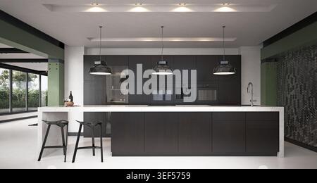 A 3D render of a modern, luxurious kitchen interior featuring dark cabinetry, a large island with a white marble countertop, and bar stools. Stock Photo