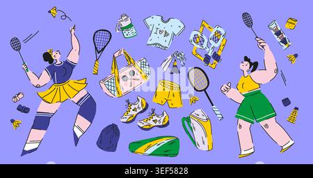 Large badminton set on purple, girls playing a game with rackets among the equipment, sports activities Stock Vector