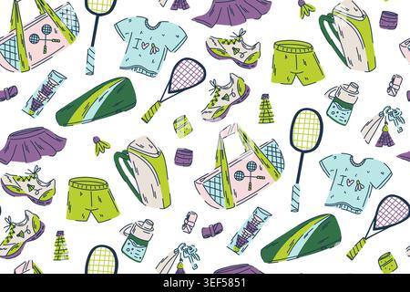 Simple seamless pattern on white background, multicolored badminton sports equipment, rackets, covers, sportswear, water bottles Stock Vector