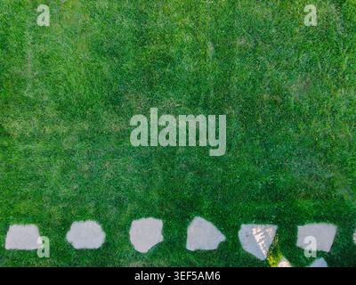 Green lawn texture with stone pathway viewed from above, natural garden background Stock Photo