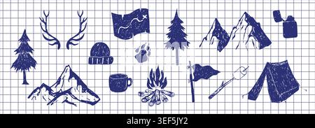 Camping sketch set, campfire and tent, deer footprint and horns. Hiking equipment hand drawn textured. Wood cut log, pine tree shape. Nature adventure. Vector illustration Stock Vector