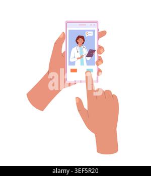 Hands holding smartphone with doctor on screen. Female doctor in white coat and stethoscope. Online medical consultation service Stock Vector
