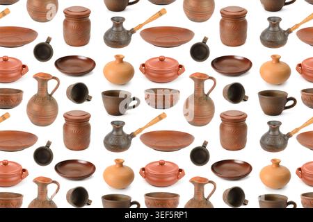 Beautiful collection of earthenware and ceramic dishes isolated on white background. Seamless pattern. Stock Photo