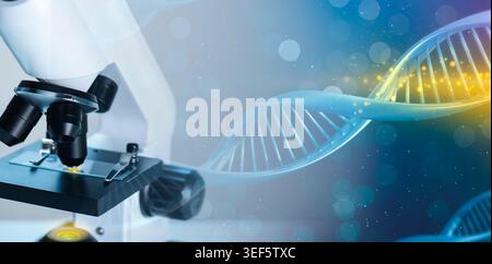 Research in genetics. Microscope and DNA helix, double exposure Stock Photo