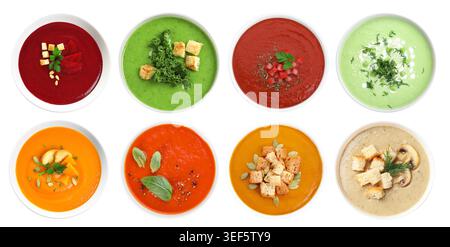 Different tasty soups in bowls isolated on white, collage. Top view Stock Photo