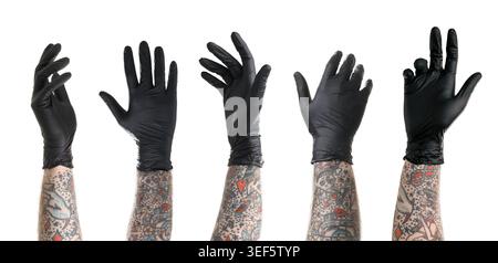 Man showing his tattooed hand on white background, set Stock Photo