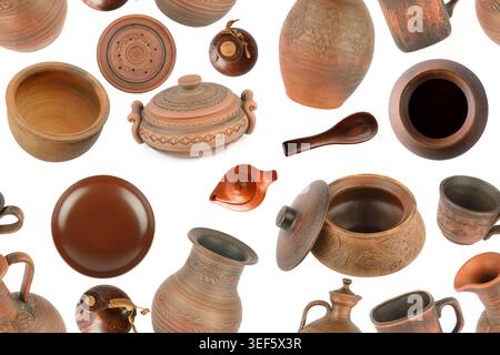 Various clay dishes from different angles isolated on white background. Seamless pattern. Stock Photo