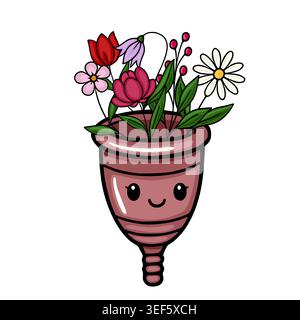 Cute menstrual cup illustration filled with colorful blooming flowers and green leaves, vector Stock Vector