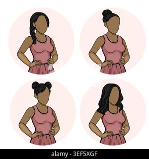 Set of four vector illustrations of diverse women in pink dresses, showcasing various hairstyles and poses. Stock Vector