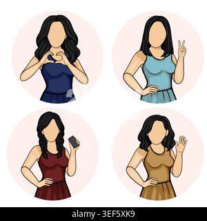 Collection of vector illustrations of faceless women in dresses, making gestures like heart, peace sign, holding phone, and waving Stock Vector