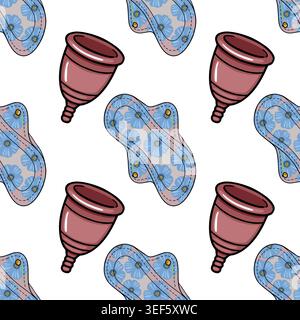 Seamless vector pattern of reusable menstrual cups and floral cloth pads Stock Vector