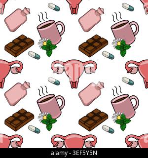 Seamless vector pattern of uterus, hot water bottle, chocolate, hot drink, pills, and mint with chamomile Stock Vector