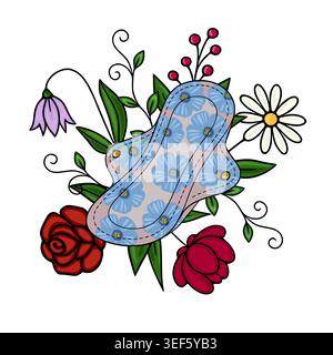 Vector illustration of a reusable sanitary pad adorned with a floral pattern and surrounded by delicate flowers and leaves. Stock Vector