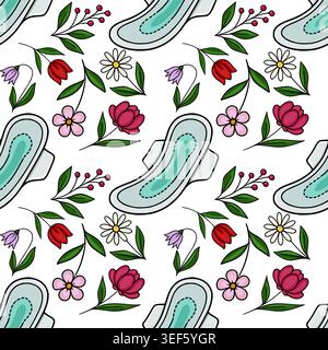 Seamless vector pattern of sanitary pads and delicate floral elements with berry branches Stock Vector