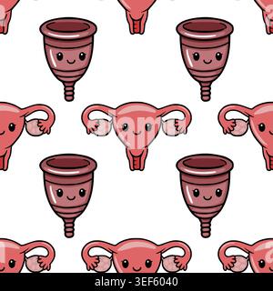 Cute kawaii uterus and menstrual cup seamless pattern vector illustration Stock Vector