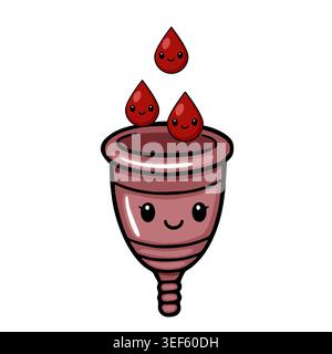 Cute vector illustration of a menstrual cup with happy blood drops, isolated on white background. Stock Vector