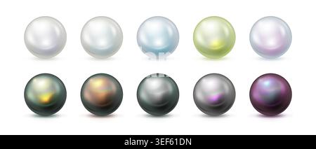 Realistic glass 3d pearl balls, Light pastel colors of pearls and dark iridescent holographic spheres vector design elements. Metal ball with glare Stock Vector