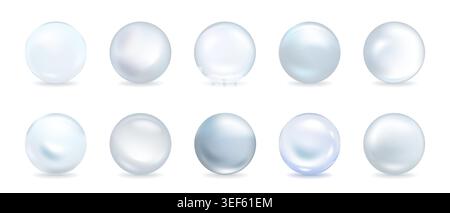 Realistic glass sphere collection with pearl-like texture. Glossy 3D balls in gold, silver, chrome finishes. Shiny bead set with metallic reflections Stock Vector