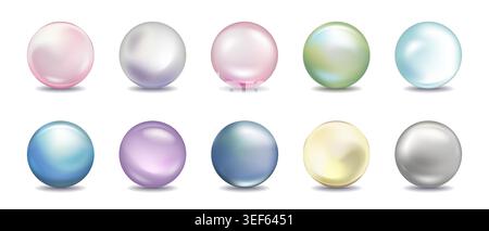 Colorful 3D pearl beads with realistic glass finish. Metallic sphere set featuring gold, silver, chrome orbs. Glossy bubble collection with mirror Stock Vector