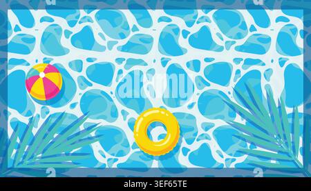 Top down view of blue swimming pool water with colorful float toys and tropical palm leaves Stock Vector