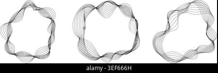Black wireframe wavy circular abstract shapes set for modern graphic design elements and creative geometric vector backgrounds Stock Vector
