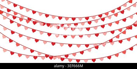 Red and pink heart shape strings bunting garland for valentines day romance wedding celebration vector illustration Stock Vector