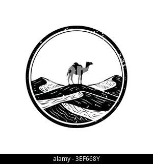 Retro black and white vintage camel standing on sand dunes desert circle badge logo vector illustration Stock Vector