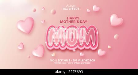 Happy mothers day pink editable text effect with 3d floating hearts template design premium quality illustration Stock Vector