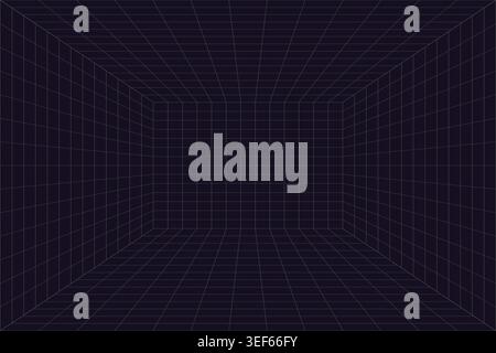 Dark perspective neon grid background template showcasing futuristic cyber space and virtual reality geometric landscape floor layout Stock Vector