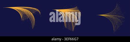 Collection of abstract futuristic technology background elements featuring flowing glowing orange dotted lines over dark blue Stock Vector
