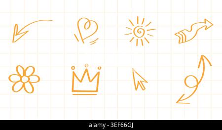 Orange hand drawn kids doodle set containing sun crown flower heart and various arrow shapes vector sketch illustration design Stock Vector