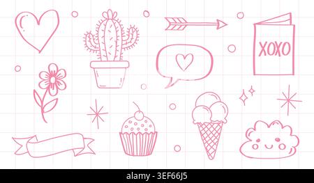 Hand drawn cute pink doodle set with heart cactus flower cupcake and ice cream vector line art illustration element Stock Vector