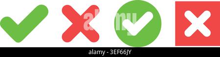 Green check mark and red cross icon set for correct and wrong approval or rejection vector illustration bundle Stock Vector