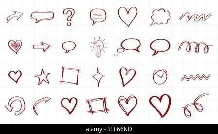 Hand drawn red doodle icon set with arrows hearts and speech bubbles on grid paper vector collection pack Stock Vector