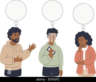 Black People Thinking with Empty Thought Bubbles. Afro-American Men and Woman Expressing Thoughts and Doubts Set. Isolated Flat Vector Illustration. C Stock Vector