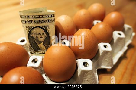 Dollar bill placed inside an empty egg slot, surrounded by brown eggs in a carton, symbolizing rising food prices, commodity scarcity, and the increas Stock Photo