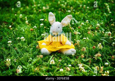 Spring Easter Bunny in Flowers for decoration greeting cards and celebration Stock Photo