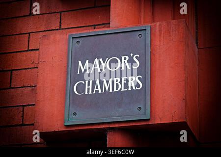 Mayor's Chambers sign at rear of Wigan Town Hall, Library Street, Wigan, Greater Manchester, UK Stock Photo