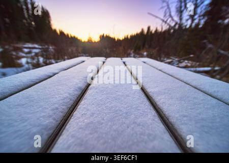 Snow Covered Picnic Table Winter Forest Sunrise Outdoors Stock Photo