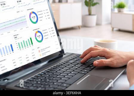 Financial analytics dashboard displayed on laptop during remote office session, featuring banking charts, statistics and business performance monitori Stock Photo