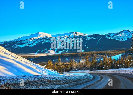 Winter Road Curves Through Snowy Mountains and Pine Forest at Sunrise Stock Photo