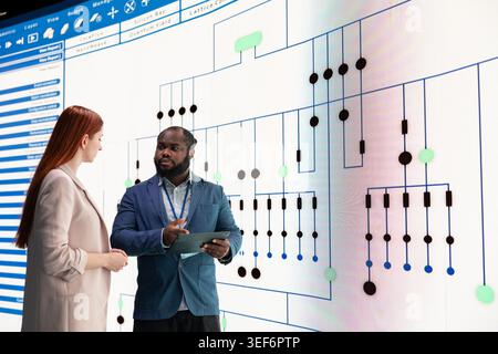 Engineering team designing PCB layout schematics, brainstorming using digital wall projection. Teamworking industrial manufacturing plant RD colleagues analyzing circuit diagram with tablet Stock Photo