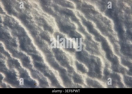 Snow Ripples and Sunlit Texture on Frozen Lake Winter Surface Stock Photo
