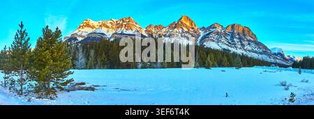 Panorama Snowy Mountain Sunrise Forest and Winter Landscape in Morning Light Stock Photo