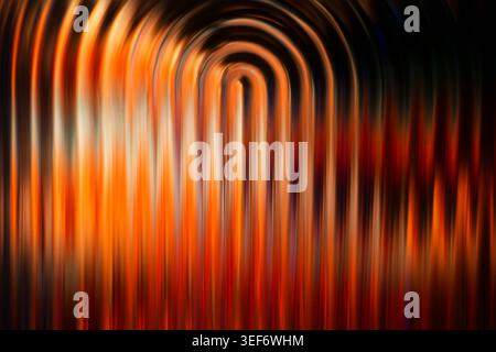 Intense glowing orange and red concentric abstract arches blending into vertical blurred lines Stock Photo