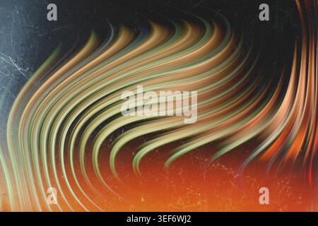 Abstract glowing yellow and green curved lines with retro analog film noise Stock Photo