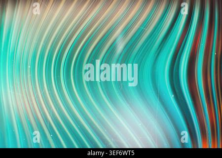 Bright cyan and teal flowing waves with vintage analog film texture and scratches Stock Photo