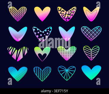 Cute aesthetic neon hearts set. Trendy vector luminescent psychedelic hearts filled with various abstract geometric shapes, ultra acid rave aesthetic Stock Vector
