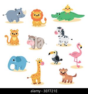 Cute cartoon African animals. Hand-drawn characters, isolated on a white background. Vector illustration Stock Vector
